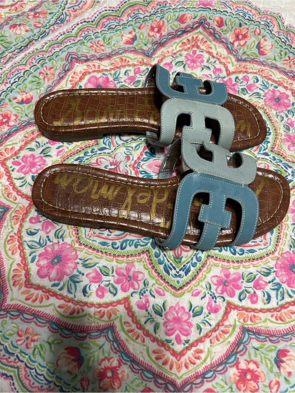 Edelman Women's Bay Slide Sandals in blue teal brown multi-color leather - Picture 2 of 5